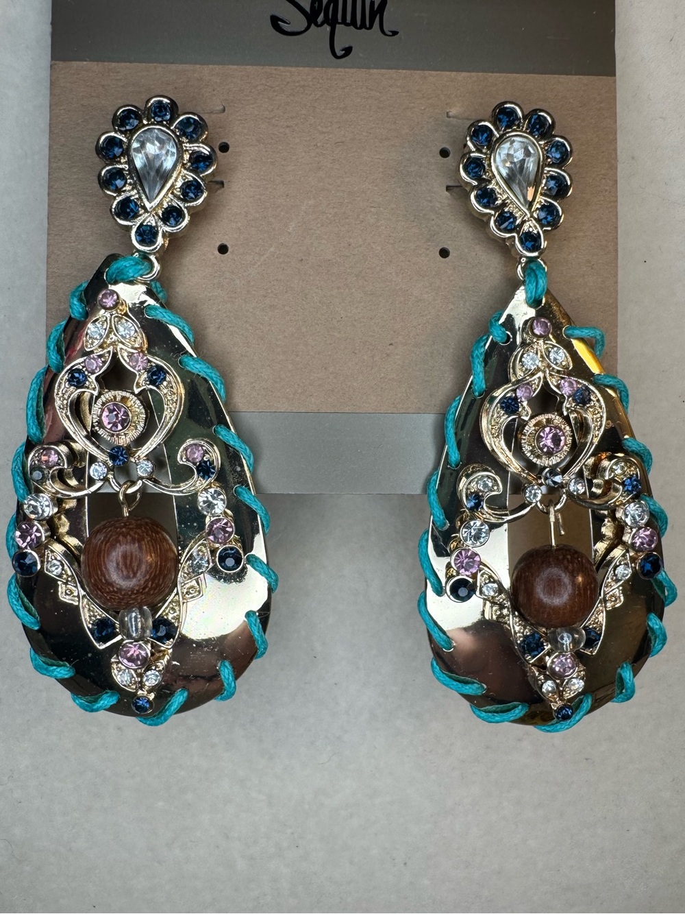 New Sequin silver teardrop Earrings with Turquoise Accents, Multicolor Crystal
